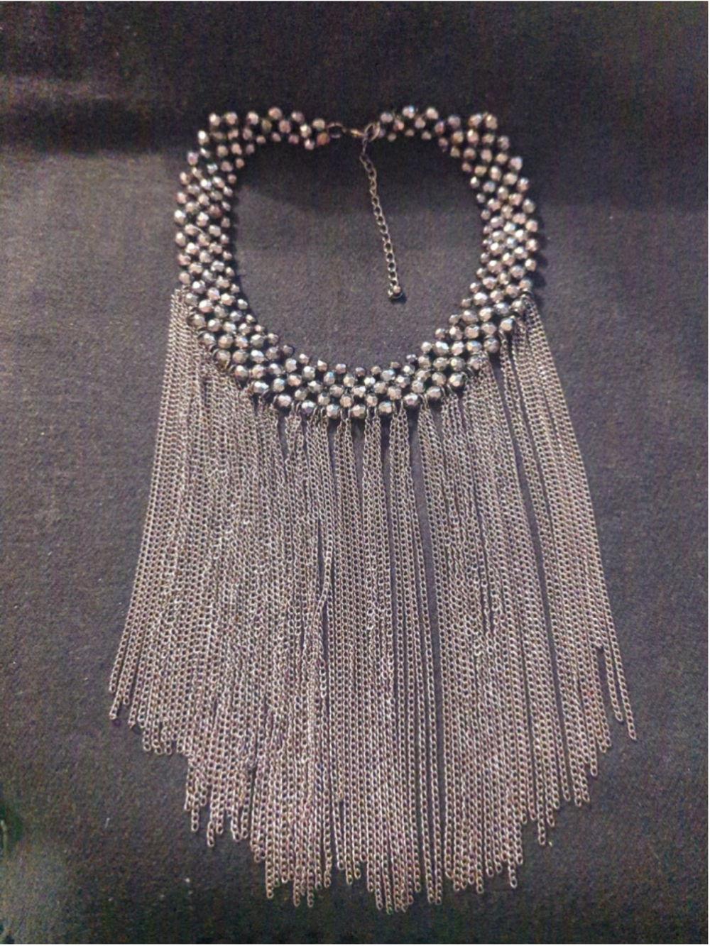 Gunmetal Black Beaded Chain Fringe Statement Collar Bib Necklace